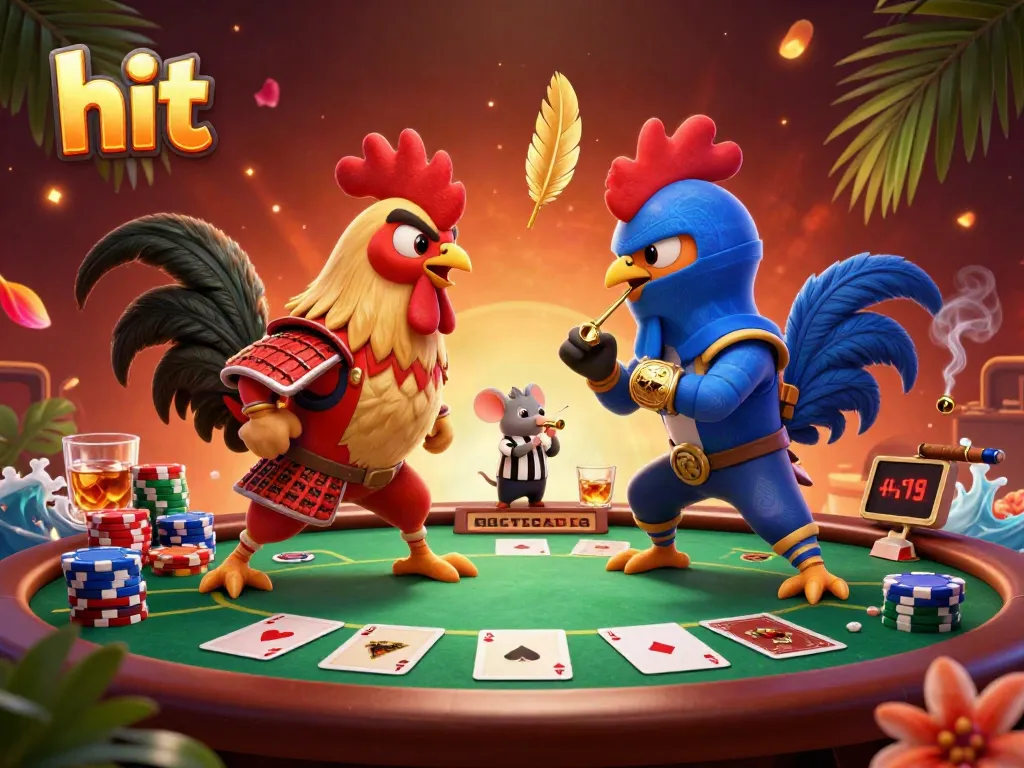 Hit exciting poker showdown with dynamic fighting roosters in a vibrant casino setting.