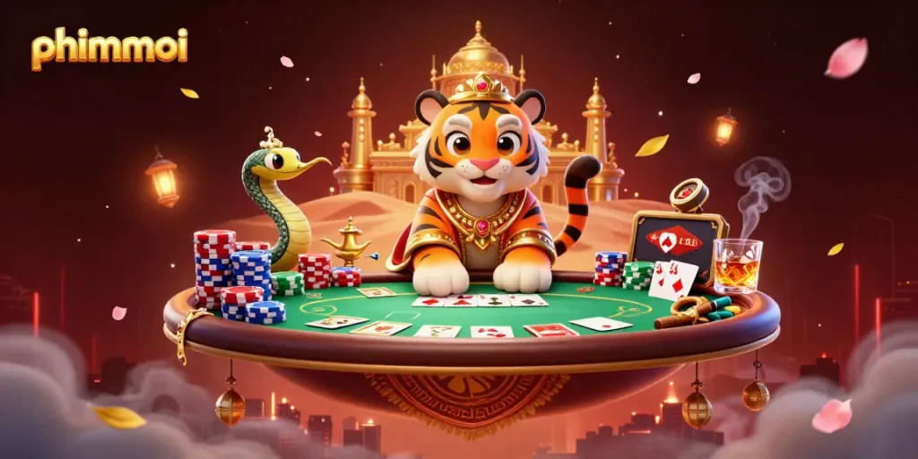Engage in thrilling phimmoi casino action with a tiger sultan on a magical carpet, surrounded by poker riches.