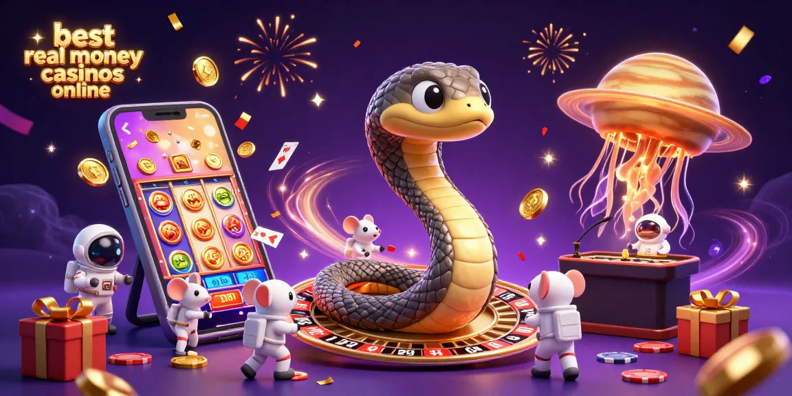 Engage with the best real money casinos online in this vibrant cosmic gambling scene featuring a Saturn ring snake and astronaut mice.