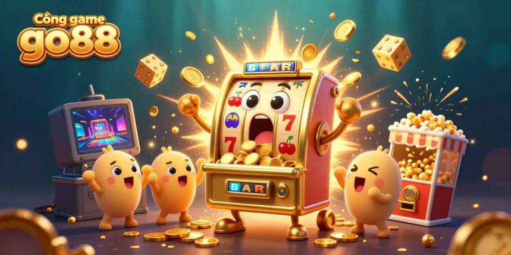 Cổng game go88 slot machines celebrating a jackpot amid confetti and coins, showcasing vibrant casino fun.