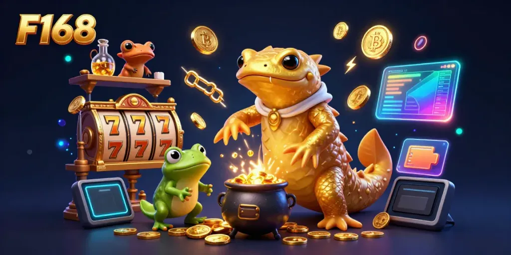 Experience F168's enchanting casino world with a fortune-transmuting salamander and vibrant gaming elements.
