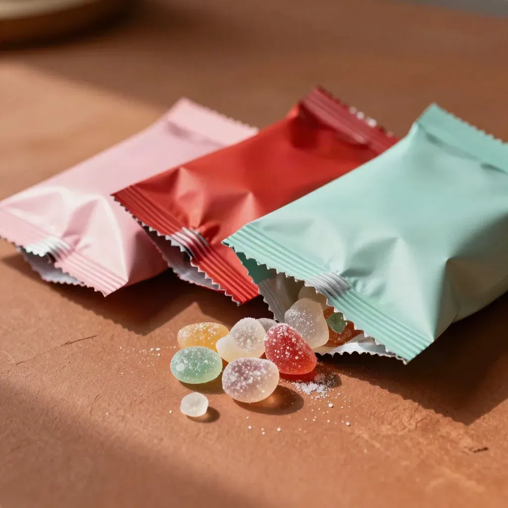 Drie snoepzakjes in roze, rood en mint op een terracotta paktafel.