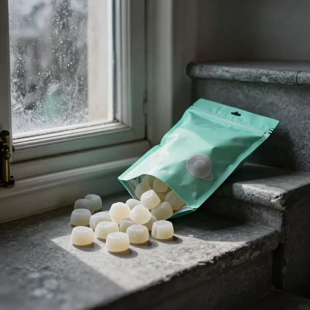 Mintgroene snoepzak op stenen trap bij beslagen raam, met uitgevallen gummies en koel winterlicht.