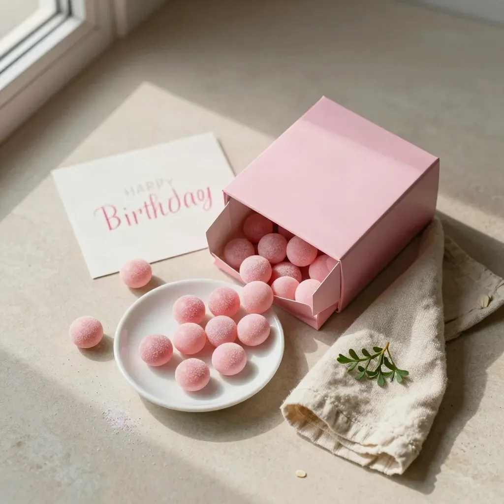 Verjaardagscadeau met roze snoepdoos, schaaltje snoep, linnen doek en takje op steen.