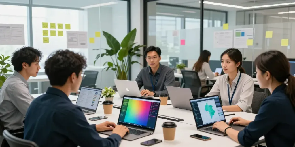 Team collaborating on GEO software for agencies in a modern office setting.