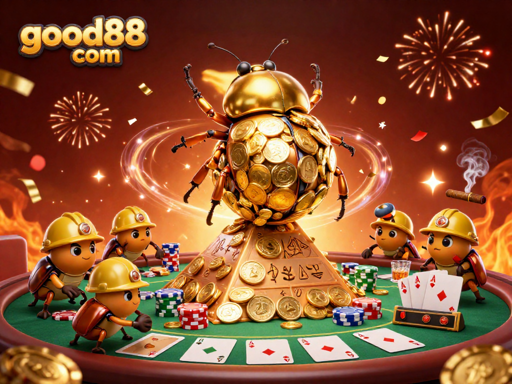Experience the excitement of good88 com with golden beetles rolling coins in a casino-themed celebration.