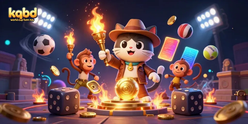 Engage in thrilling adventures with "kqbd world cup hom nay" alongside a daring cat explorer discovering golden casino artifacts.
