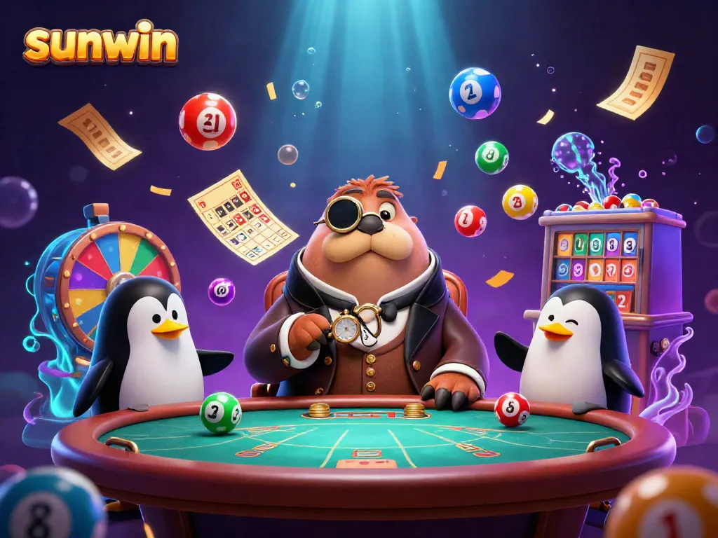 Experience thrilling gameplay with sunwin as a jolly walrus plays at an underwater poker table, surrounded by vibrant lottery elements.