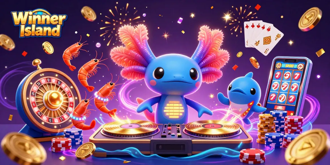 Win big at Winner Island with a vibrant casino scene featuring lively characters and dynamic games.