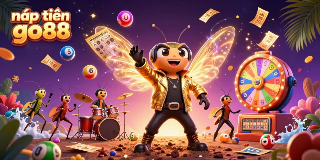 Experience dynamic nạp tiền go88 action with a vibrant, colorful 3D illustration featuring a rock star and lively elements.