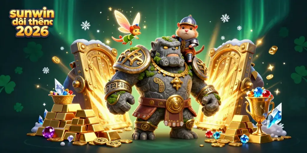 Enjoy an action-packed scene showcasing sunwin đổi thưởng 2026 with a magical golem and treasure