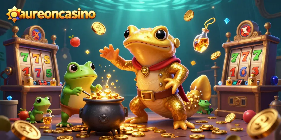 Aureoncasino's vibrant scene showcases a golden salamander alchemist and a frog apprentice creating gold coins within an immersive 3D casino.