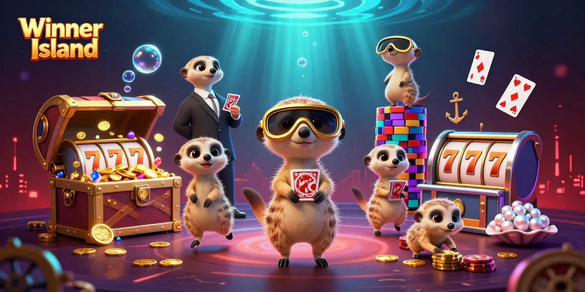Experience thrilling games at Winner Island with lively meerkats in a vibrant casino scene.